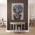 The artwork features a striking portrait of a figure adorned with intricate layers of textured elements, blending natural...