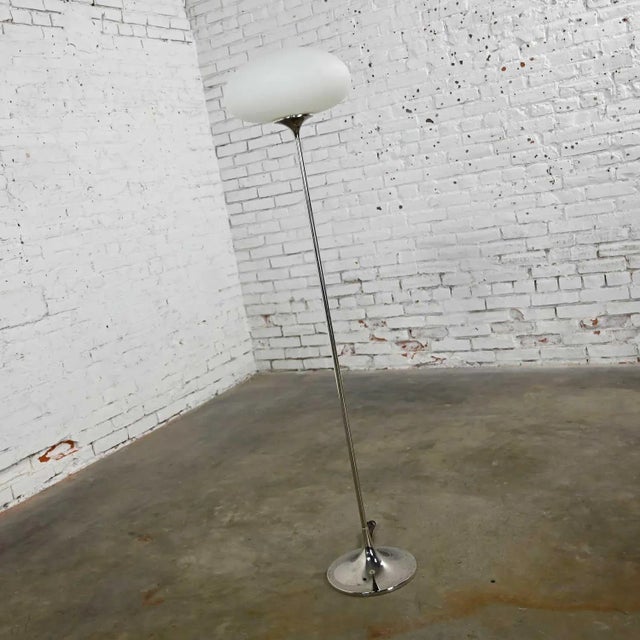 Lovely mid-century modern chrome floor lamp with frosted glass mushroom globe by Laurel Lamp Company. Beautiful condition,...