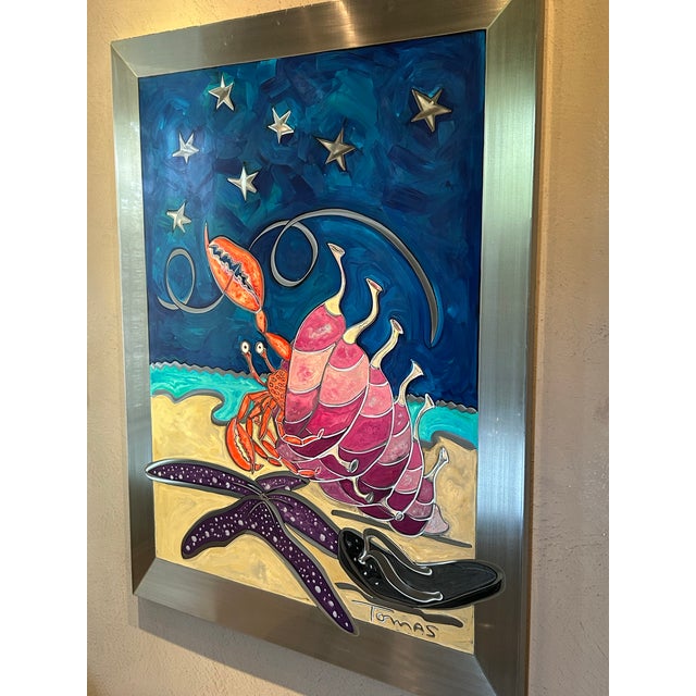 Original signed Tomas Panzarino mixed media coastal artwork featuring a vivid under-the-sea scene with dimensional crab,...