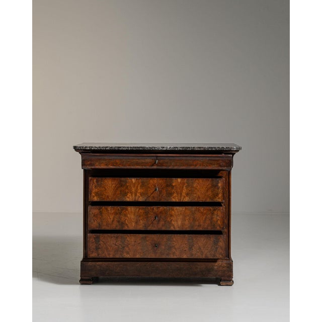 19th Century 19th Century France Rich Walnut Brown Flame-Veneer Marble-Top Chest For Sale - Image 5 of 11