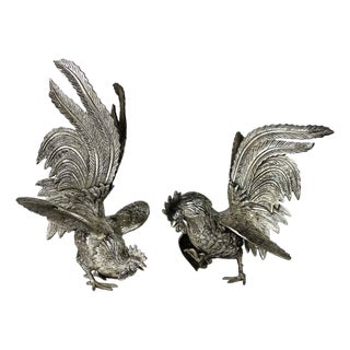 Bronze Cast Roosters in Silver, 1900s, Set of 2 For Sale