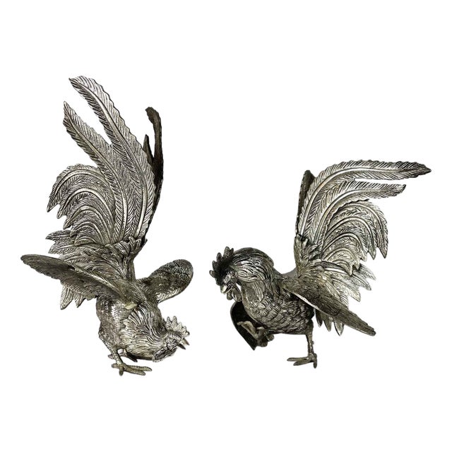 Bronze Cast Roosters in Silver, 1900s, Set of 2 For Sale
