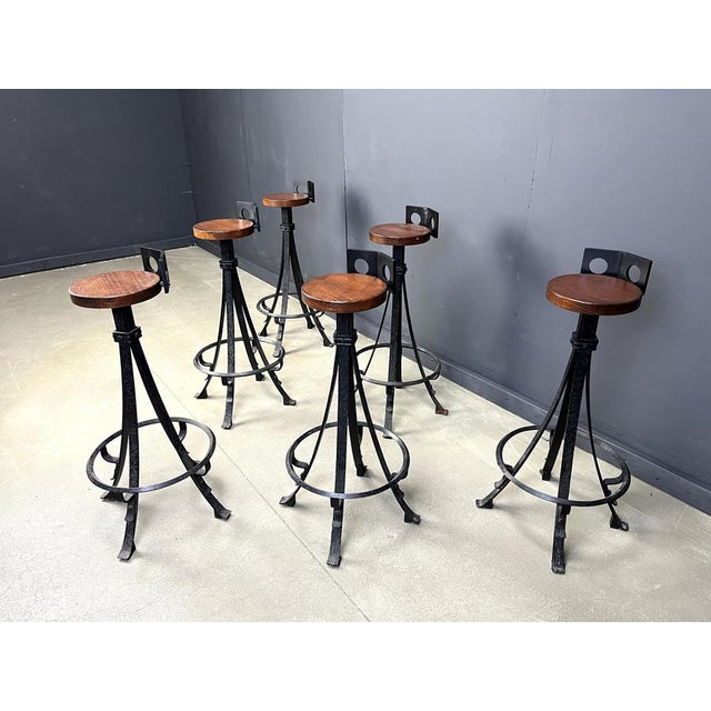 Vintage Brutalist Wrought Iron Bar Stools, 1970s, Set of 6 For Sale - Image 13 of 17