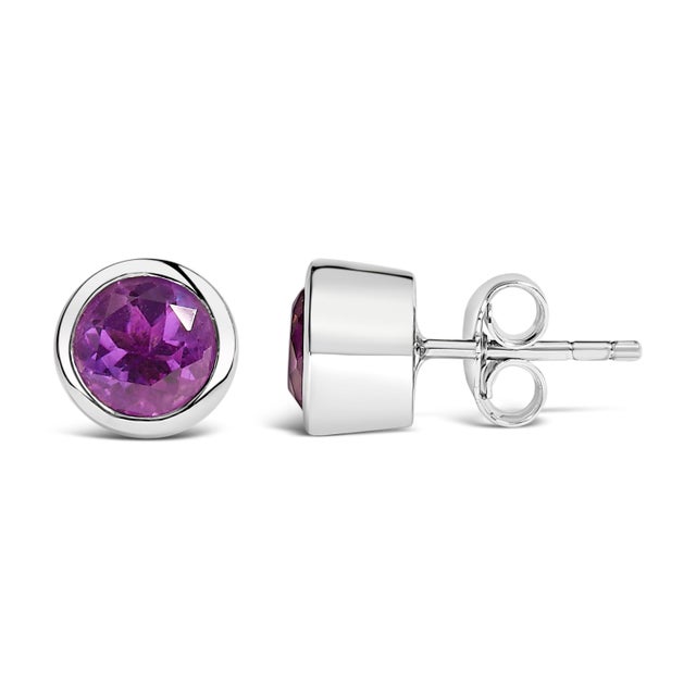 .925 Sterling Silver 6MM Bezel Set Created Purple Amethyst Solitaire Stud Earrings, A Pair For Sale - Image 4 of 5