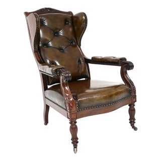 Antique William IV Leather and Walnut Wing Back Armchair, 1820s For Sale
