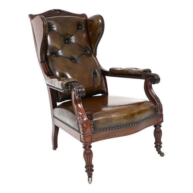 Antique William IV Leather and Walnut Wing Back Armchair, 1820s For Sale