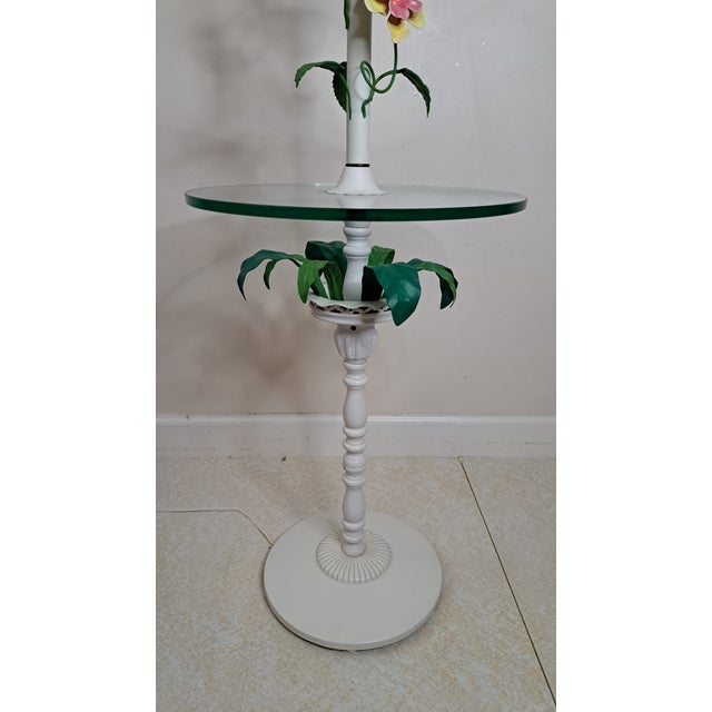 Vintage Hand-Painted Floral Tole Floor Lamp With Glass Table, Hollywood Regency For Sale - Image 11 of 15