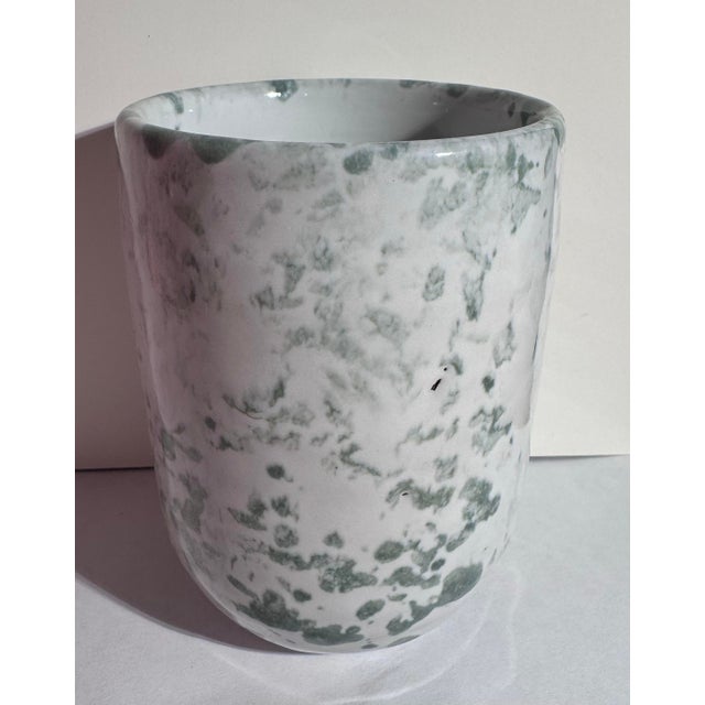 Farmhouse Vintage Bybee Pottery Marbled Hand-Thrown Ceramic Cups / Tumblers - Pair (Pink & Sage Green) For Sale - Image 3 of 10