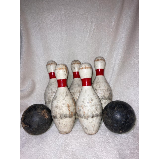Vintage Rustic Carnival Small Wooden Bowling Set with Two Balls - 7 Piece Set For Sale - Image 9 of 9