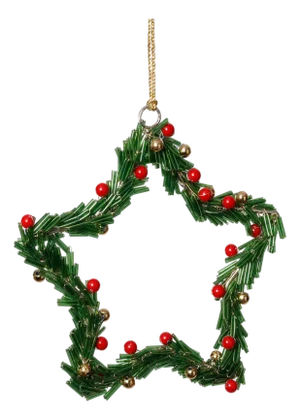 Festive Beaded Ornaments with Red Berries, Set of 12, Green Star, 6"