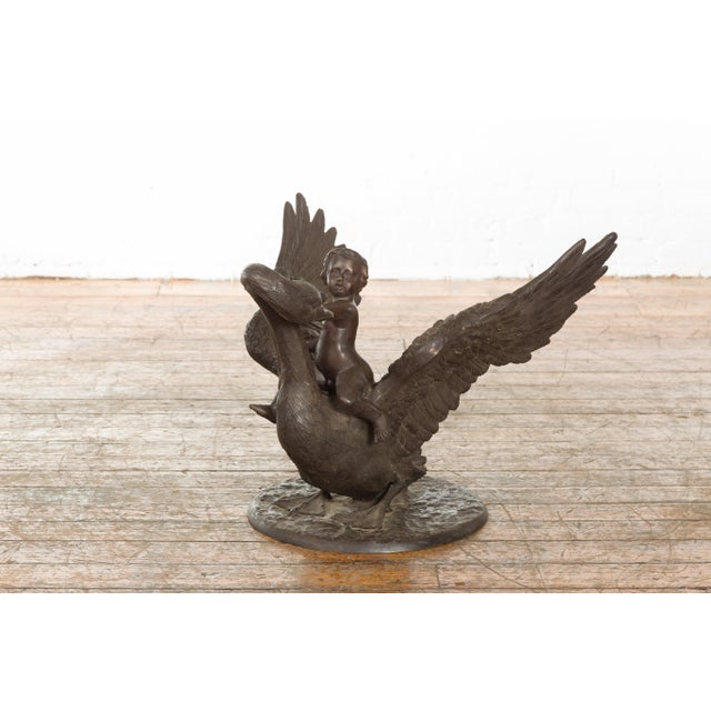 Mediterranean Vintage Greco Roman Style Bronze Sculpture of a Chubby Putto Riding a Swan For Sale - Image 3 of 8