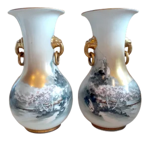 Mid-Century Japanese Kutani Porcelain Gilt Beast Handled Vases - a Pair