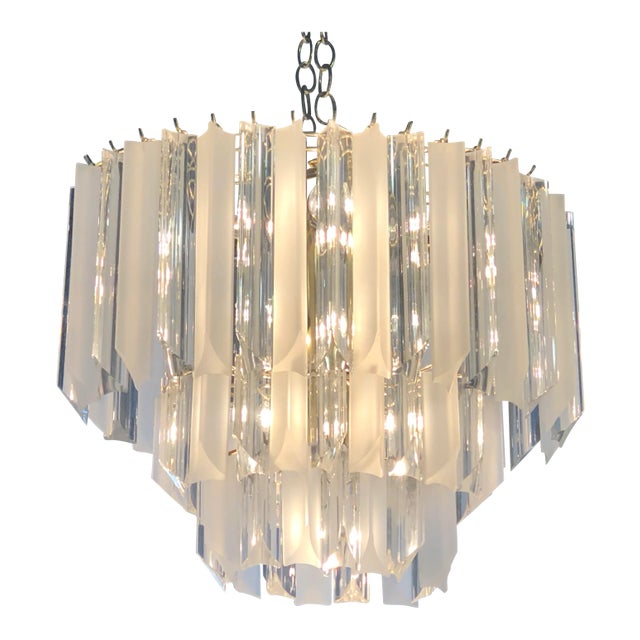 Vintage Hollywood Regency Clear and Frosted Lucite Brass 3 Tier Chandelier For Sale