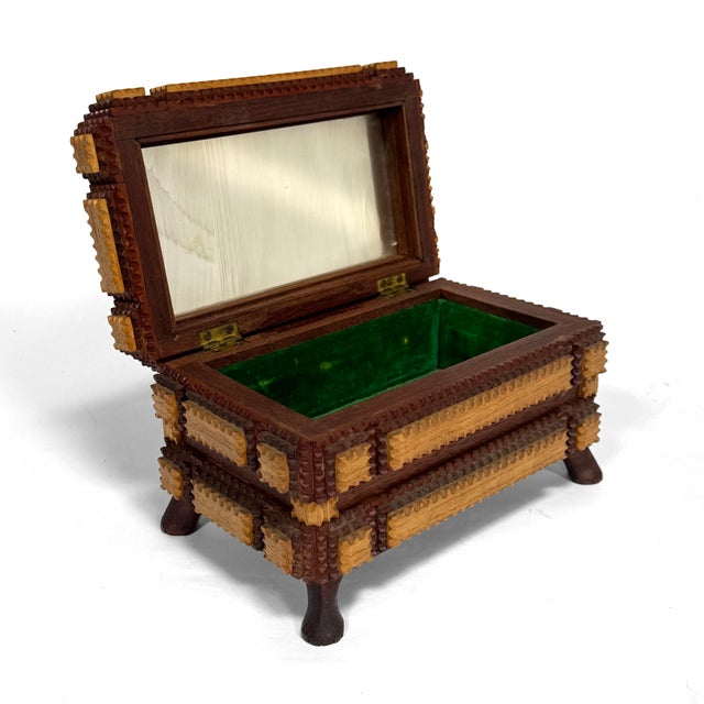 Wood Antique Footed Two-Tone Tramp Art Jewelry Box With Mirror For Sale - Image 7 of 10