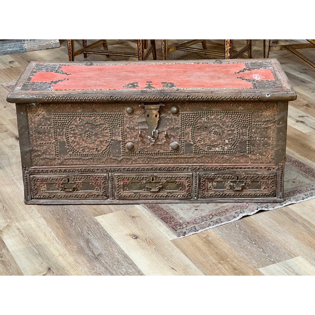 19th Century Teak Brass Studded Red Zanzibar Chest Chairish