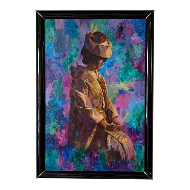 1980’s Marion Swartz Japanese Lady Oil Painting – Vibrant Impressionist Portrait, Black Lacquer Frame For Sale