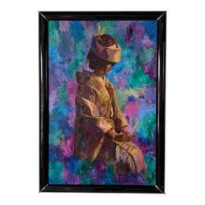 1980’s Marion Swartz Japanese Lady Oil Painting – Vibrant Impressionist Portrait, Black Lacquer Frame