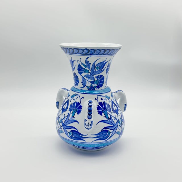 Blue Handmade Ceramic Kandil Vase (20cm) Blue and White Floral Triple Handled Form For Sale - Image 8 of 10