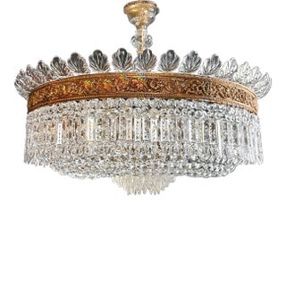 1930s Empire Crystal and Brass Low Plafonnier Basket Chandelier For Sale