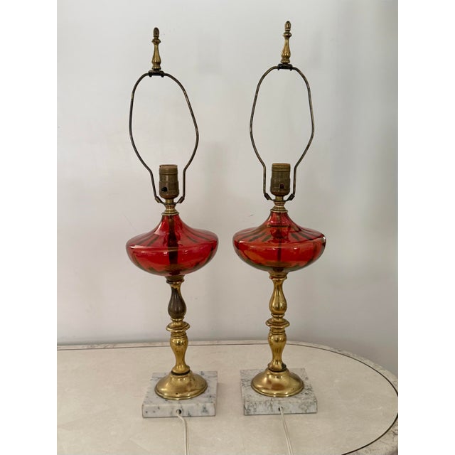1960s Mid Century Modern Cranberry Glass and Brass Lamps on Marble Bases, a Pair For Sale - Image 6 of 8
