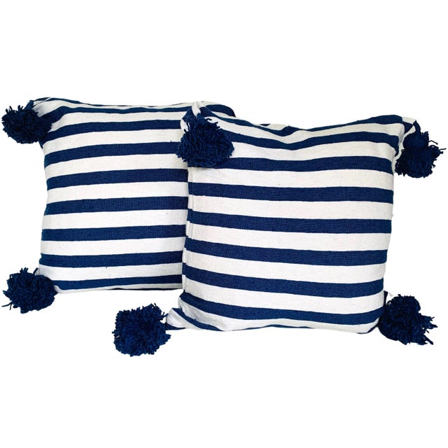 Moroccan Handloomed Pom-Pom Pillows, 19" x 19" - A Pair For Sale - Image 4 of 4