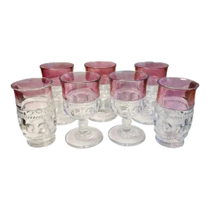 Mid-Century Indiana Glass Kings Crown Cranberry Thumbprint Tumblers and Goblets - Set of 7