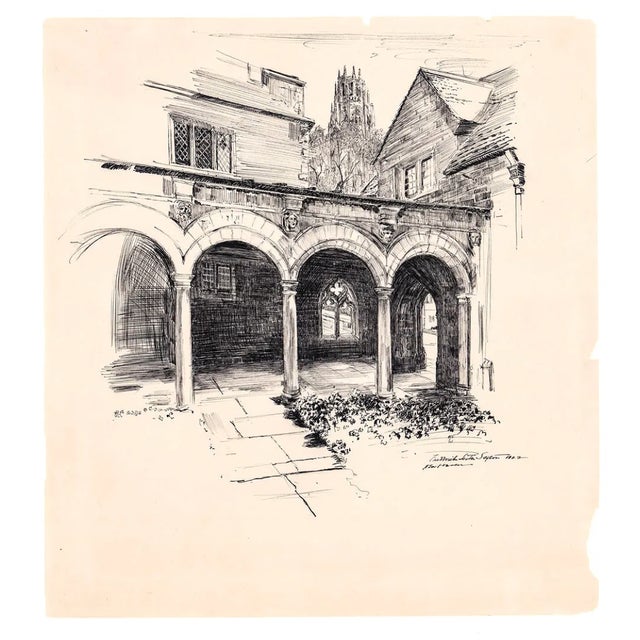 Frederick Lester Sexton (1889-1975) 1922 drawing of a colonnade with the Harkness Tower in the background. Ink on paper,...