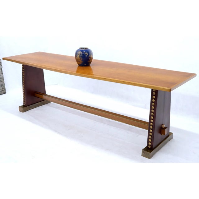 Narrow Long Boat Shape Walnut Dining Harvest Table Studs Leather Brass Decorated For Sale - Image 11 of 12