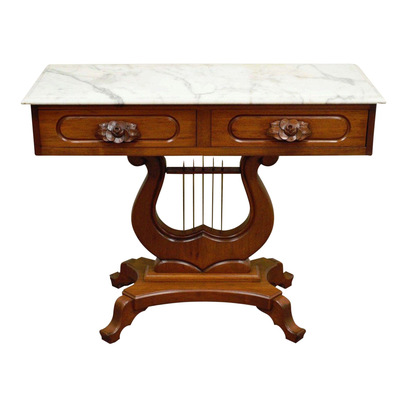 Vintage Victorian Mahogany Marble Top Table Console Hall Sofa Lyre Harp