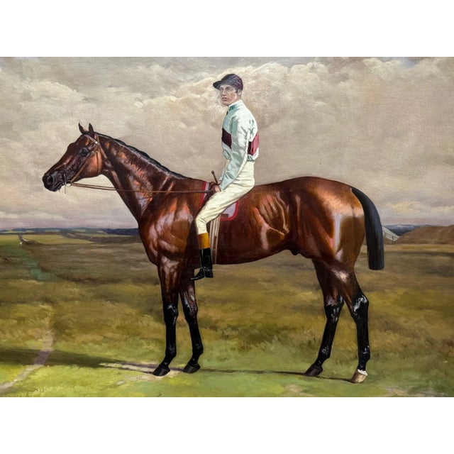 Large Victorian British Sporting Oil Painting of Derby Winner Melton with Champion Jockey Fred Archer by F. S. Evans,...