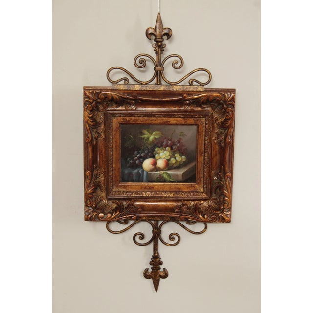 Vintage Oil on Canvas Fruit Still Life in Ornate Custom Frame with Wrought Iron Hanging Easel, Signed 'H. Douglas' Lower Left