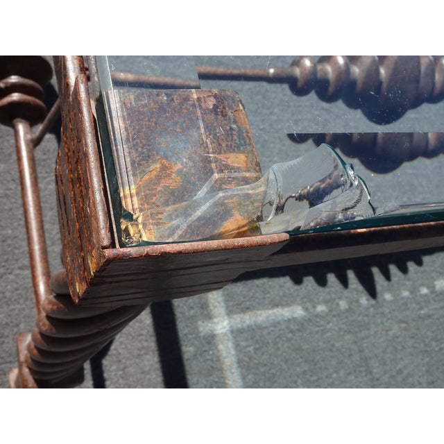 Vintage Diego Giocometti Iron Patinated Metal Dining Table Desk W Beveled Glass For Sale - Image 12 of 16