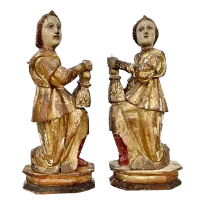 Pair of 16th Century Italian Giltwood Candle Bearing Angel Candlesticks