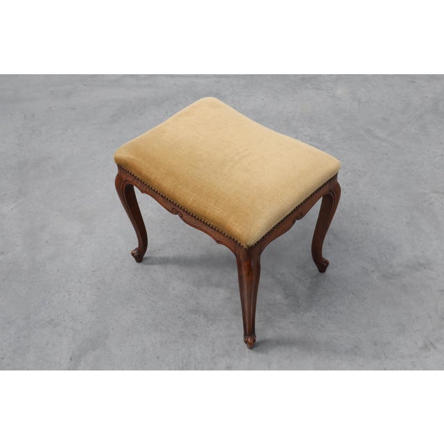 Louis XV Style Walnut Stool with Cabriole Legs and Velvet Seat, France, 1950s For Sale - Image 10 of 12