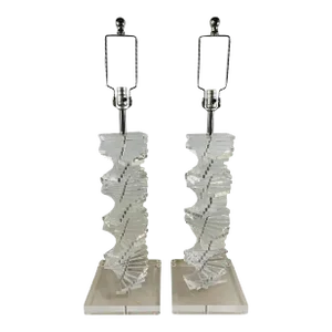 Karl Springer Style MCM Stacked Lucite Table Lamp "Grand Staircase", a Pair