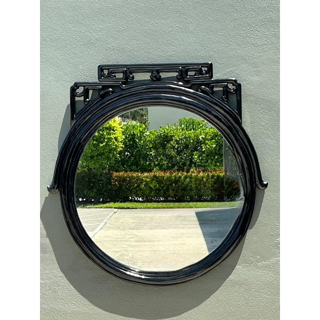 Late 20th Century Vintage Black Lacquered Fretwork Round Wall Mirror For Sale - Image 5 of 16