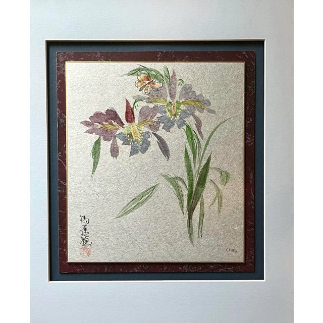 Beautiful original gouache watercolor painting of Iris by Charolette Fung Miller. Beautifully framed and matted with UV...