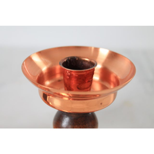 Mid 20th Century Vintage Copper & Wood Taper Candle Holders - A Pair For Sale - Image 5 of 8