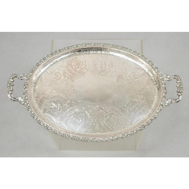 Antique English Victorian Silver Plated Repousse Oval Serving Platter Bar Tray For Sale - Image 12 of 12