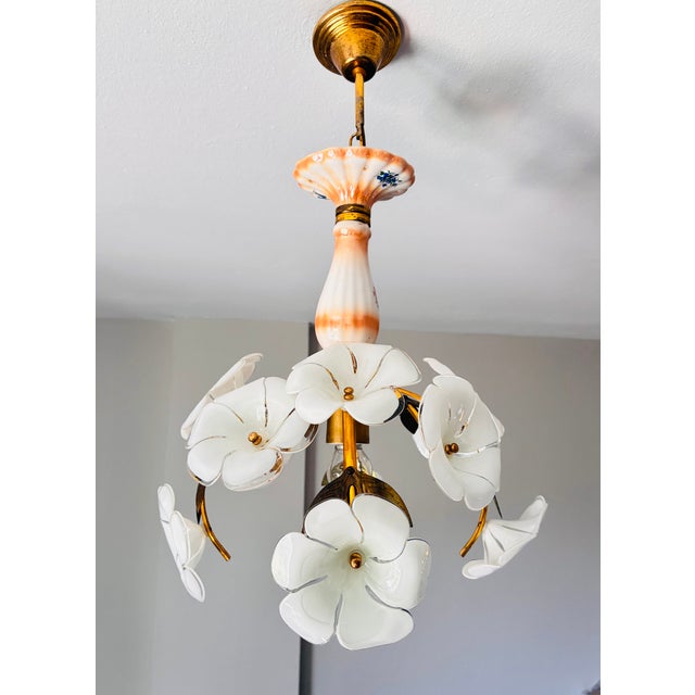 Mid 20th Century Italian Handmade Porcelain & White Murano Style Glass Daisy Chandeliers - a Pair For Sale - Image 6 of 17