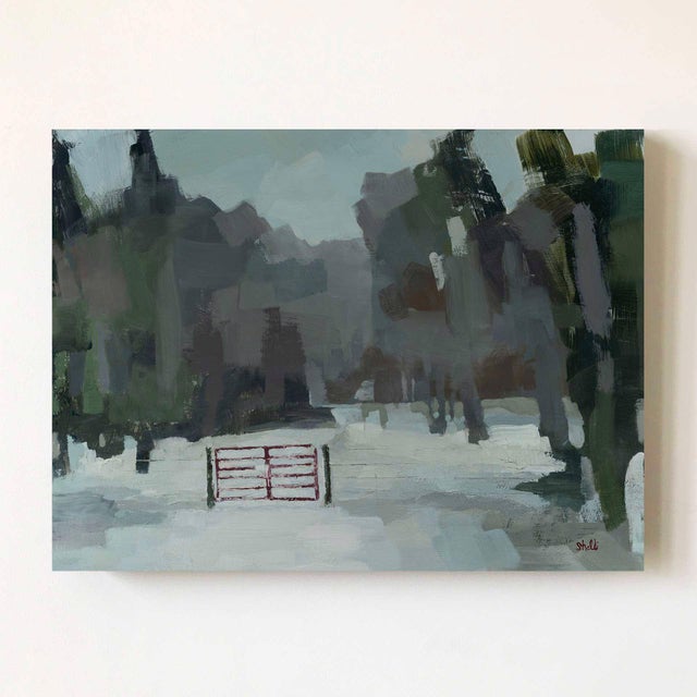 One for Sorrow by Shelli Langdale | Oil on gallery panel Winter landscape with a red gate. For Sale - Image 4 of 4