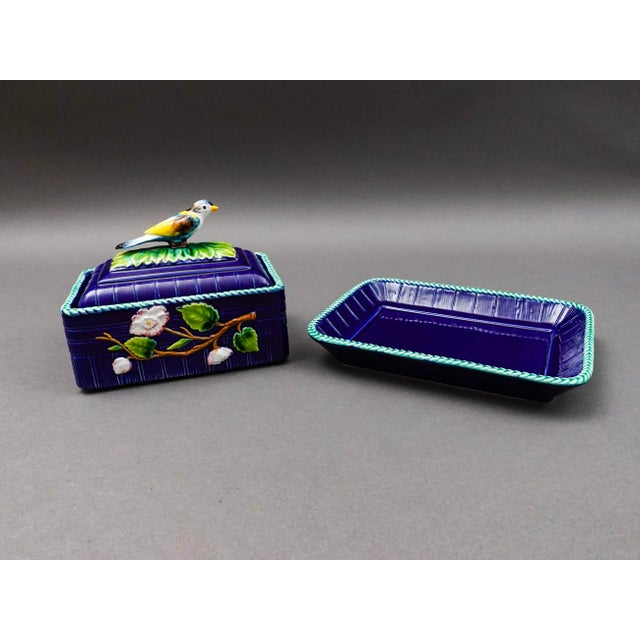 Ceramic Mid 20th Century Mottahedeh Italy Majolica Cobalt Floral Bird Finial Covered Dish With Tray For Sale - Image 7 of 10