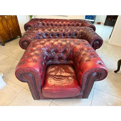Chesterfield Leather Sofa and Chairs, Set of 3 For Sale - Image 6 of 18