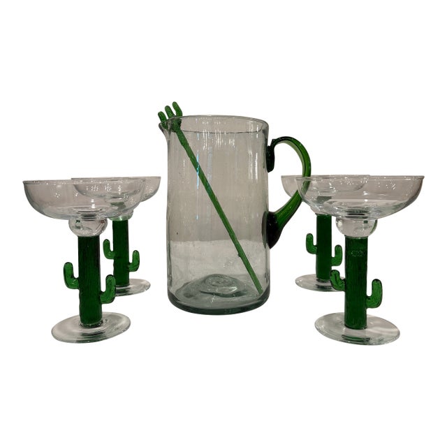 Vintage Mexican Handblown Glass Cactus Margarita Service Set - Set of 6 For Sale