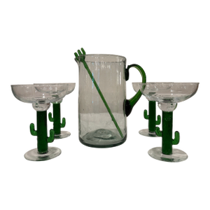 Vintage Mexican Handblown Glass Cactus Margarita Service Set - Set of 6