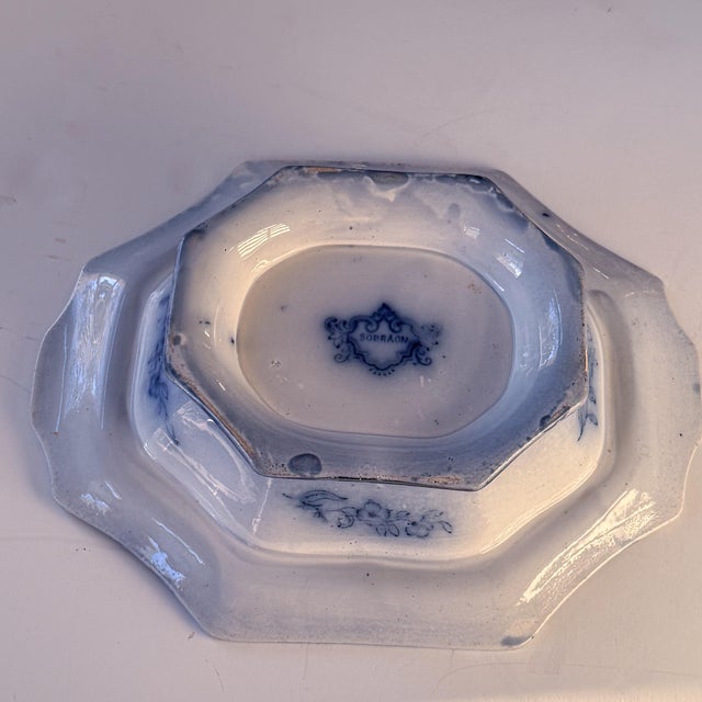 Antique Sobraon Flow Blue Octagonal Footed Bowl For Sale - Image 9 of 11