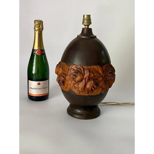 Art Deco Wood Hand Carved Table Lamp, France, 1940s For Sale - Image 10 of 11