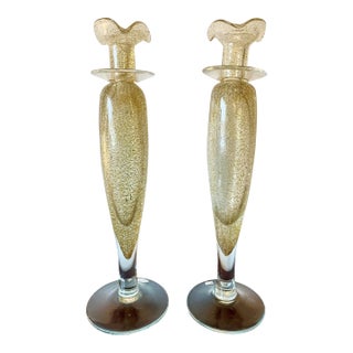 Italian Blown Murano Glass Candleholders From Maestri Vetrai- a Pair For Sale