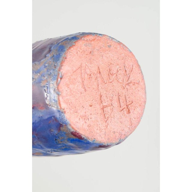 Tall European Red and Blue Glazed Studio Ceramic Vase, 1964 For Sale - Image 4 of 5