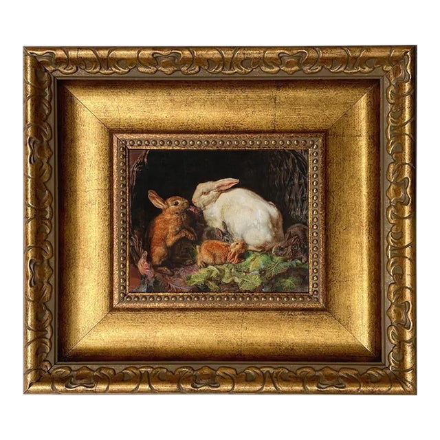 Hares and Young Framed 5x6" Oil Painting Print on Canvas For Sale